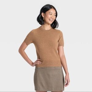 Women's Short Sleeve Cozy Knit Sweater - A New Day™ Brown Heather M